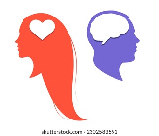 Silhouette of a man's head with a brain and silhouette of a woman's head with a heart. 