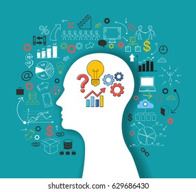 Silhouette of a man's head with business doodle icons. Question mark, bulb, gears and chart. Doodle vector illustration. Way to success concept. The file is saved in the version AI10 EPS. 