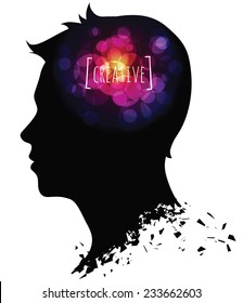 Silhouette of man's head with creative ideas on white background