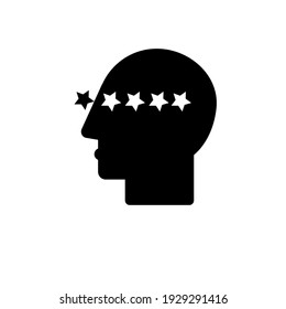 the silhouette of a man's head with five stars. Rating. Service quality assessment. Black-and-white icon. Vector illustration