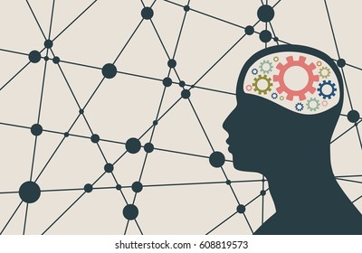 Silhouette of a man's head with gear. Mental health relative brochure, report or flyer design template. Scientific medical designs. Connected lines with dots. Vector illustration