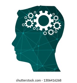 Silhouette of a mans head with gears. Mental health relative brochure, report or flyer design template. Scientific medical designs. Connected lines with dots.