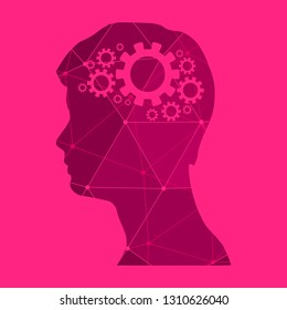 Silhouette of a mans head with gears. Mental health relative brochure, report or flyer design template. Scientific medical designs. Connected lines with dots.