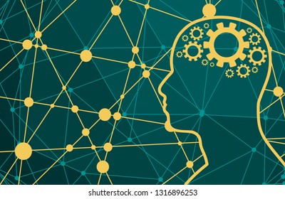 Silhouette of a mans head with gears. Mental health relative brochure, report or flyer design template. Scientific medical designs. Connected lines with dots.