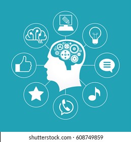 Silhouette of a man's head with gears in the shape of a brain surrounded by icons. Infographic template. Modern flat design concept for web banners, web sites. Information media concept. 