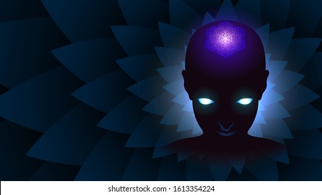 Silhouette of a man's head with glowing eyes and Sahasrara chakra, enlightenment and soul energy