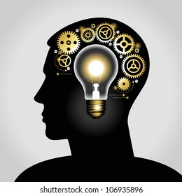 silhouette of a man's head with a glowing light bulb, and gears. the concept of making big idea. File is saved in AI10 EPS