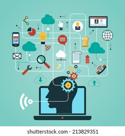 silhouette of a man's head with a hand drawing network icons. Concept of communication in the network