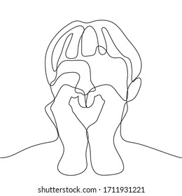 Silhouette of a mans head with hands folded into a heart shape. One continuous line art man shows a Korean gesture - I love you (saranhe). Gest of love, sympathy, kindness, appreciation, openness