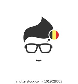 Silhouette of man's head in hipster glasses and Belgium flag in circle . Black simple avatar.  language icon. choose country sign. Isolated on white. Vector flat illustration.