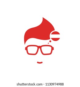 Silhouette of man's head in hipster glasses and Austria flag in circle . Red simple avatar. spanish language icon. choose country sign. Isolated on white. Vector flat illustration.