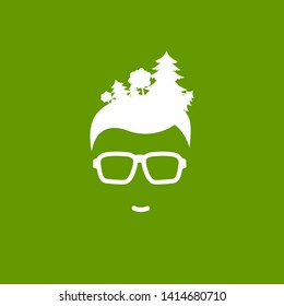 Silhouette of man's head in hipster glasses with forest in hair isolated on green. avatar with trees. Ecology logo. Eco friendly. Go green concept. Vector flat illustration. Earth day card