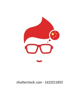 Silhouette of man's head in hipster glasses and China flag in circle . Red simple avatar. Chinese language icon. choose country sign. Isolated on white. Vector flat illustration.