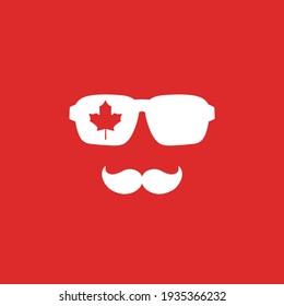 Silhouette of man's head in hipster glasses and Canada symbol. Red simple avatar. english language icon. choose country sign. Isolated on red. Vector flat illustration.