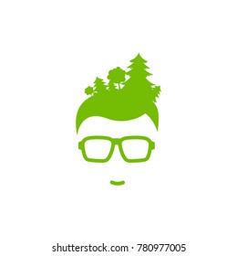 Silhouette of man's head in hipster glasses with forest in hair . Green avatar with trees. Ecology and nature love. Eco friendly. Go green concept. Isolated on white. Vector flat illustration.