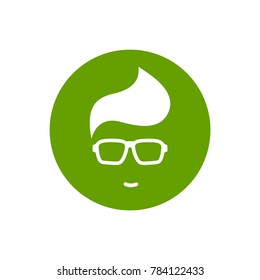 Silhouette of man's head in hipster glasses in green circle . Green simple avatar. Eco friendly. Isolated on white. Vector flat illustration.