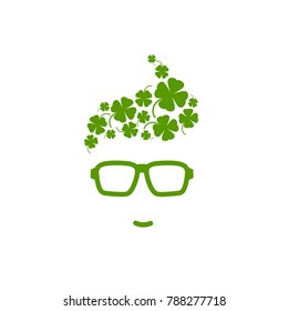Silhouette of man's head in hipster glasses with clover field in hair . Green avatar with trees. St Patrick pictogram. Eco friendly. Go green concept. Isolated on white. Vector flat illustration.
