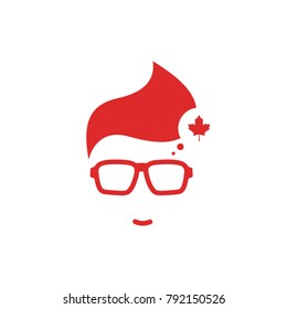 Silhouette of man's head in hipster glasses and Canada flag in circle . Red simple avatar. english language icon. choose country sign. Isolated on white. Vector flat illustration.