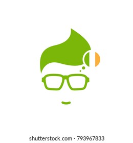 Silhouette of man's head in hipster glasses and Irish flag in circle . green simple avatar.  language icon. choose country sign. Isolated on white. Vector flat illustration.