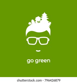 Silhouette of man's head in hipster glasses with forest in hair isolated on green. avatar with trees and text. Ecology logo. Eco friendly. Go green concept. Vector flat illustration. Earth day card