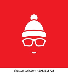 Silhouette of man's head with  hipster sun glasses and winter hat with pompon. White skier holiday avatar with bobble hat isolated on red. Vector flat illustration.