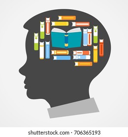 Silhouette of a man's head with images of books forming the shape of the brain