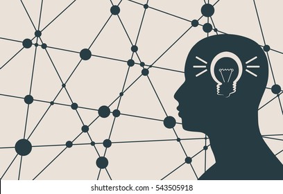 Silhouette Of A Man's Head. Mental Health Relative Vector Brochure, Report Or Flyer Design Template. Scientific Medical Designs. Switch On Lamp In The Head. Connected Lines With Dots.