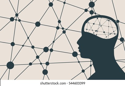 Silhouette of a man's head. Mental health relative vector brochure, report or flyer design template. Scientific medical designs. Connected lines with dots. Vector illustration