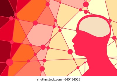 Silhouette of a man's head. Mental health relative brochure, report or flyer design template. Scientific medical designs. Connected lines with dots. Vector illustration