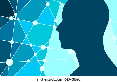 Silhouette of a man's head. Mental health relative brochure, report or flyer design template. Scientific medical designs. Connected lines with dots. Vector illustration