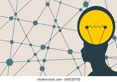 Silhouette of a man's head. Mental health relative vector brochure, report or flyer design template. Scientific medical designs. Switch on lamp in the head. Connected lines with dots.