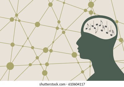 Silhouette of a man's head with music notes. Mental health relative brochure, report or flyer design template. Scientific medical designs. Connected lines with dots. Vector illustration