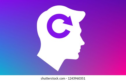Silhouette of a man's head on a bright colorful background. In the head of a man there is a sign of renewal or reload. Concept of problem solving, thinking, updating.