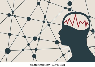 Silhouette of a man's head with oscillogram. Mental health relative brochure, report or flyer design template. Scientific medical designs. Connected lines with dots. Vector illustration
