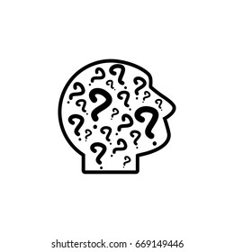 Silhouette of man's head with question marks. Thinking pictogram. What icon. Isolated on white. Vector illustration. Black and white.
