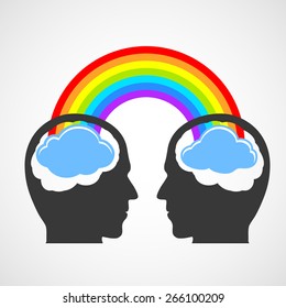 Silhouette of a man's head with a rainbow and clouds. Vector image.