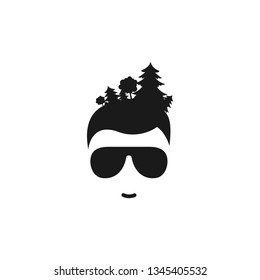 Silhouette of man's head in sun glasses with forest in hair. Black avatar with trees. Ecology thinking pictogram. Eco friendly. Go green concept. Isolated on white. Vector flat illustration.