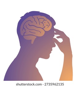Silhouette of a man's head with a visible brain and hand touching forehead
