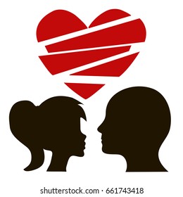 Silhouette of a man's head and a woman in profile, a broken heart,
