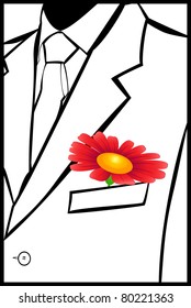 Silhouette of a man's jacket enclosed in a black frame and red flower