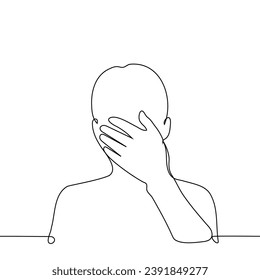 silhouette of a man's portrait with a palm covering his face - one line art vector. concept fatigue, cringe, facepalm, shame