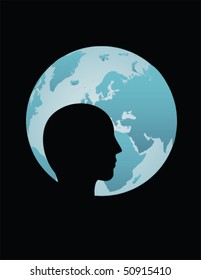 silhouette of a man's profile standing in front of the earth, black and blue