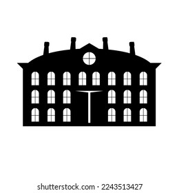 A silhouette of a mansion, a luxurious residence with grand architecture, set against a white background. Symbolizes wealth and opulence. Black and white illustration of a building.