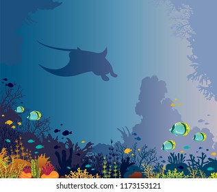 Silhouette of manta, coral reef and fishes on a sea background. Underwater marine life. Vector illustration. 