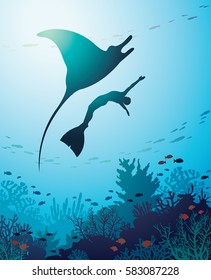 Silhouette of manta, freediver and coral reef on a blue sea background. Vector illustration with marine life. Underwater seascape image.