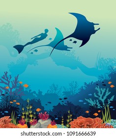 Silhouette of mantas, freediver and coral reef on a blue sea background. Vector illustration with marine life. Underwater seascape image.