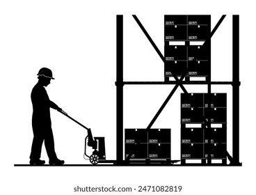 Silhouette of manual pallet jack with operator and load. Side view. Vector.	
