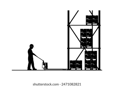 Silhouette of manual pallet jack with operator and load. Side view. Vector.	