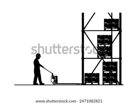 Silhouette of manual pallet jack with operator and load. Side view. Vector.	