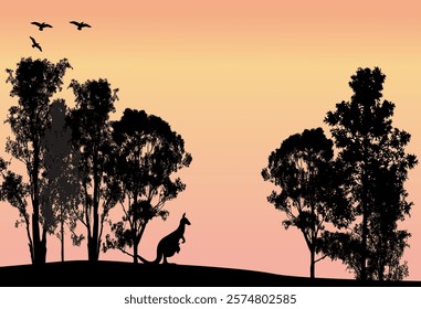 silhouette of many different gum trees Australian gum trees with one mother kangaroo and joey